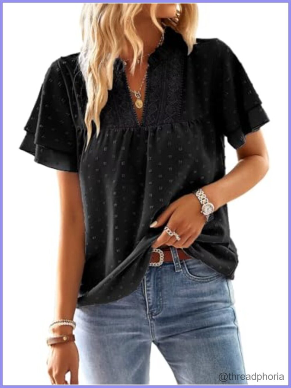 Womens V-Neck Crochet Lace Tunic Top Butterfly Sleeve Flowy Blouse